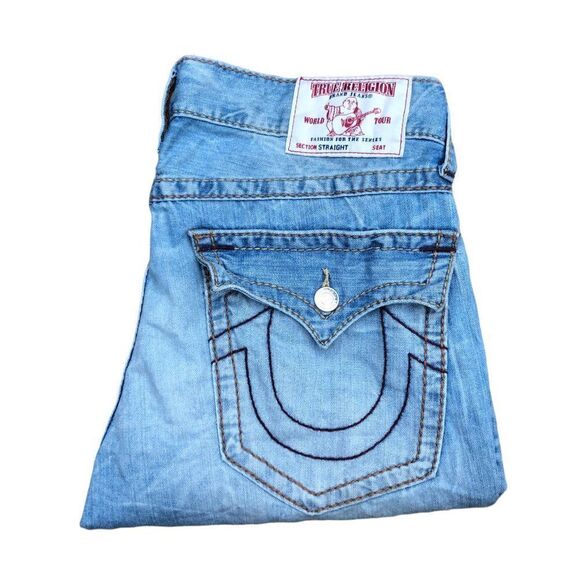 Rare True Religion Jeans Size 34 STRAIGHT BIG T Red Stitch Blue - Picture 3 of 11